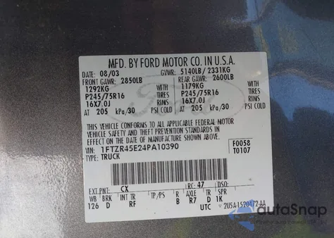 2004 Ford Ranger Edge/Tremor/Xlt из США, поврежденный, VIN 1FTZR45E24PA10390